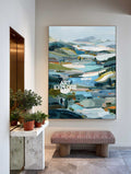 Original Textured Nature Art With Impasto Technique Blue Green Hills On Premium Linen Canvas