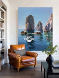 Abstract Seascape Art With Textured Rocks And Calm Blue Water For Office Decor