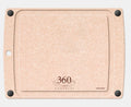 Rectangular light-peach cutting board with juice groove, left hanging hole and black corner feet; logos read 360 COOKWARE and epicurean.