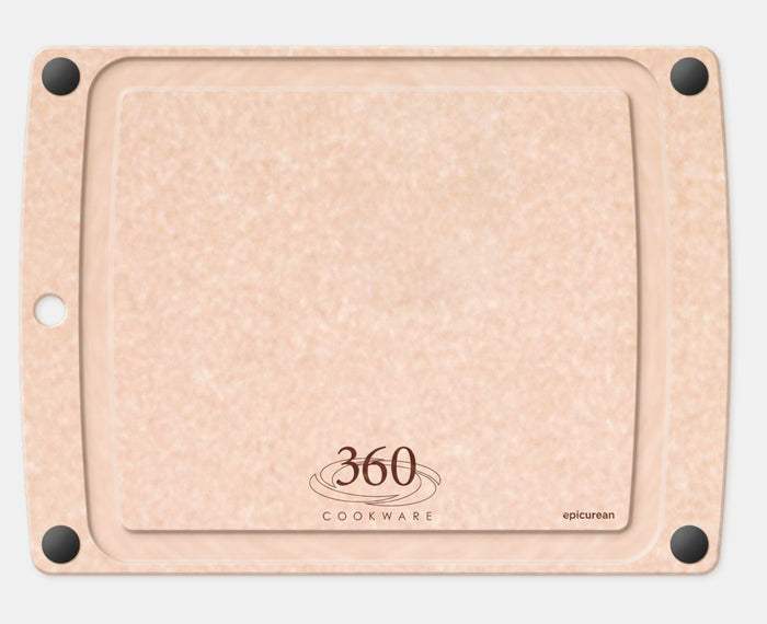 Rectangular light-peach cutting board with juice groove, left hanging hole and black corner feet; logos read 360 COOKWARE and epicurean.
