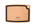 Top view of natural slate cutting board showing black juice groove, corner hanging hole, and 360 Cookware logo on white background