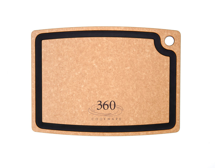 Top view of natural slate cutting board showing black juice groove, corner hanging hole, and 360 Cookware logo on white background