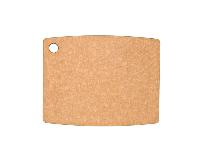 Top-down view of natural slate cutting board showing rectangular shape with rounded corners and a hanging hole on a white background
