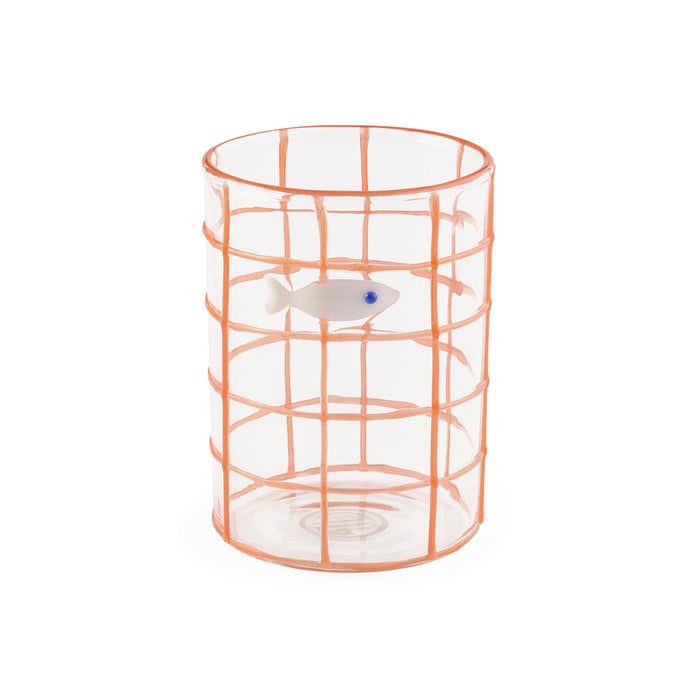 Clear glass vase with copper wire cage on a white background