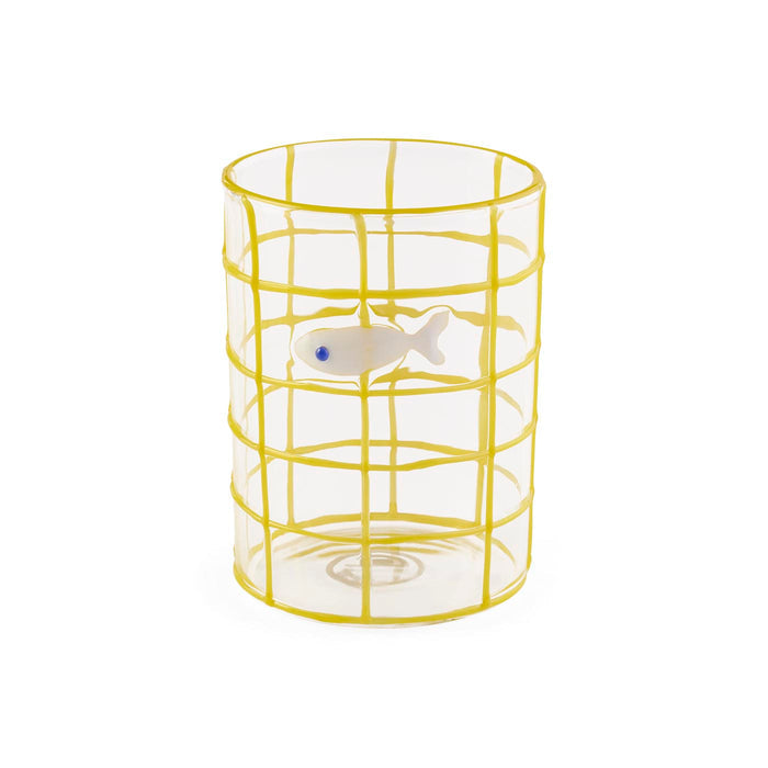Clear cylindrical container with yellow grid design and a small fish figure on a white background