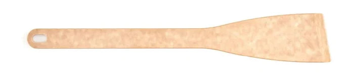 Top view of Angled Turner showing flat tapered blade, straight handle with hanging hole and natural wood finish on white background