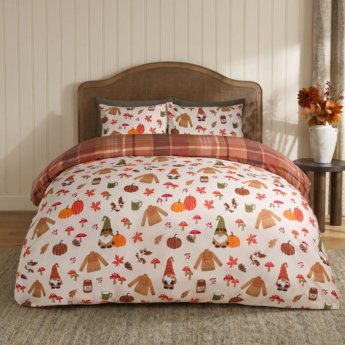 Autumnal Novelty Checked Reversible Duvet Cover Set - Cream/Rust