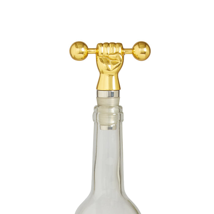 barbell bottle stopper brass with bottle - detail view