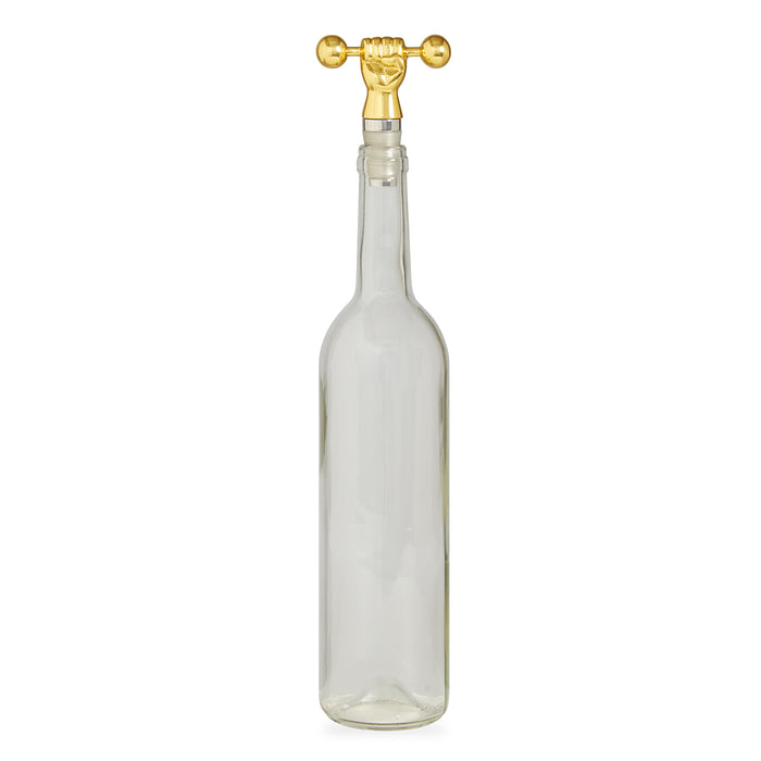 barbell bottle stopper brass with bottle - front view