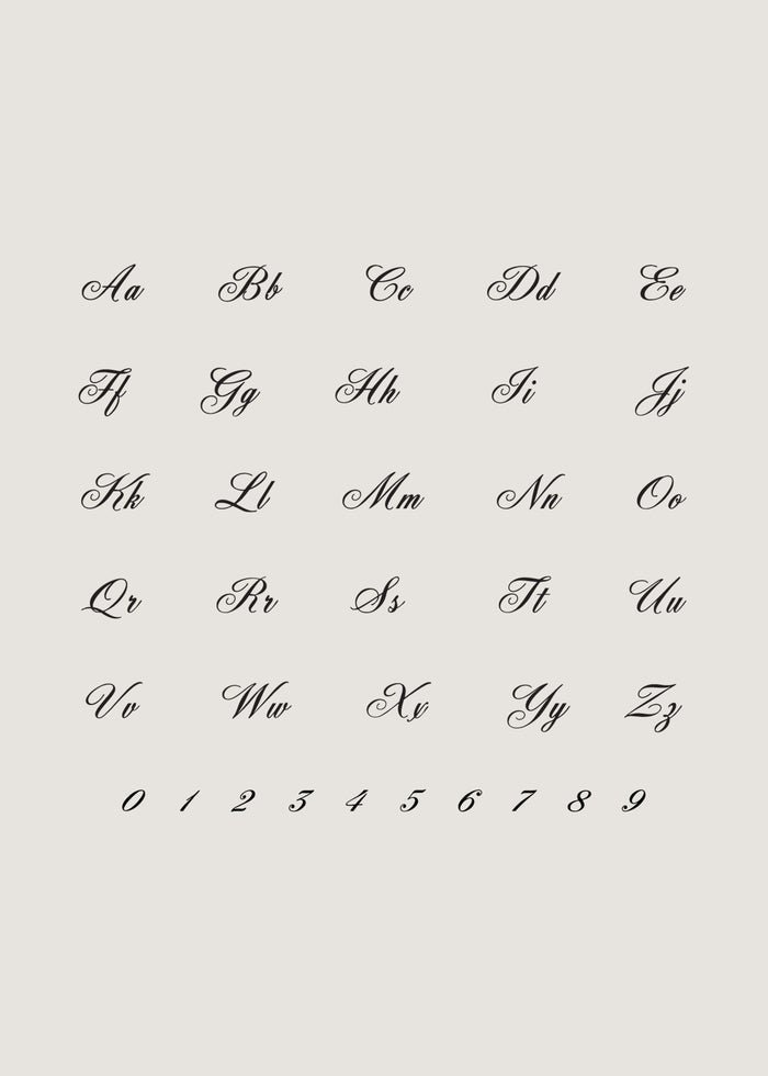 York Script alphabet letter options for engraving for Kinn 14k Gold and Sterling Silver fine jewelry