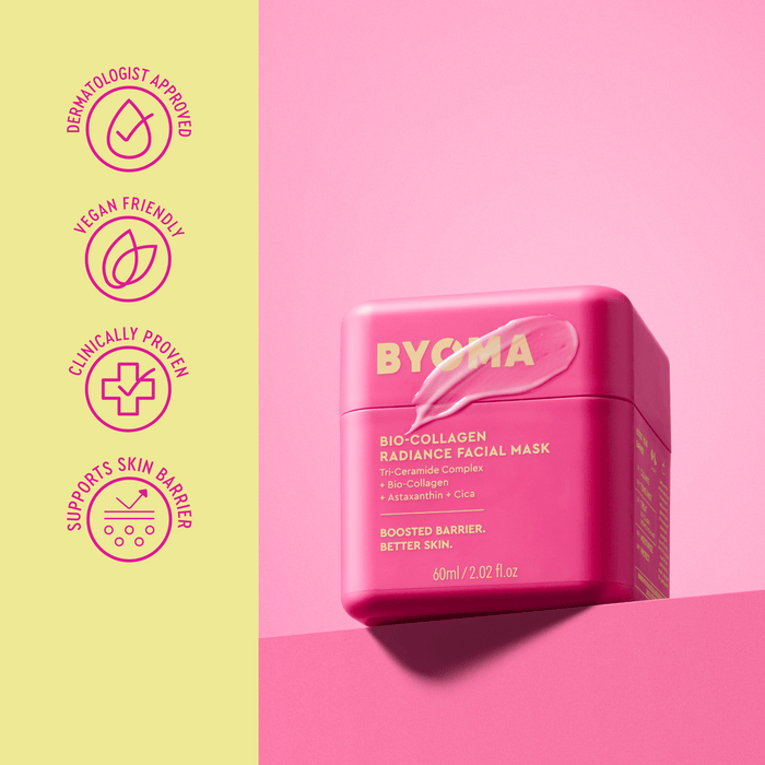 BYOMA bio-collagen radiance facial mask container on a pink and green background