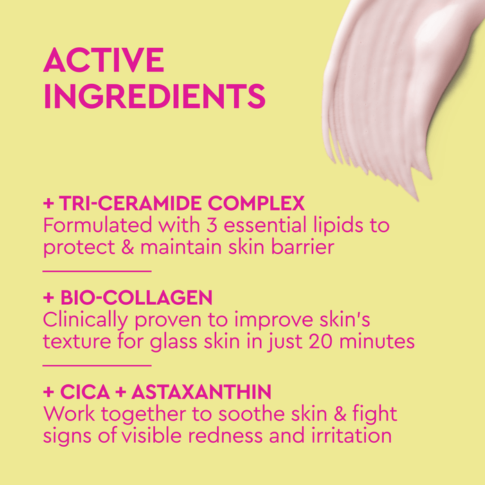 BYOMA Bio-Collagen Radiance Facial Mask label listing active ingredients, on a yellow background.