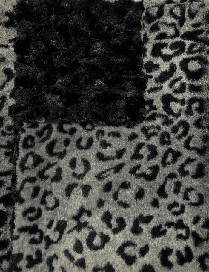 Gray leopard-print Minky dog bed blanket from Fms Dog Beds, measuring 5x6 feet, soft and cozy for pets.