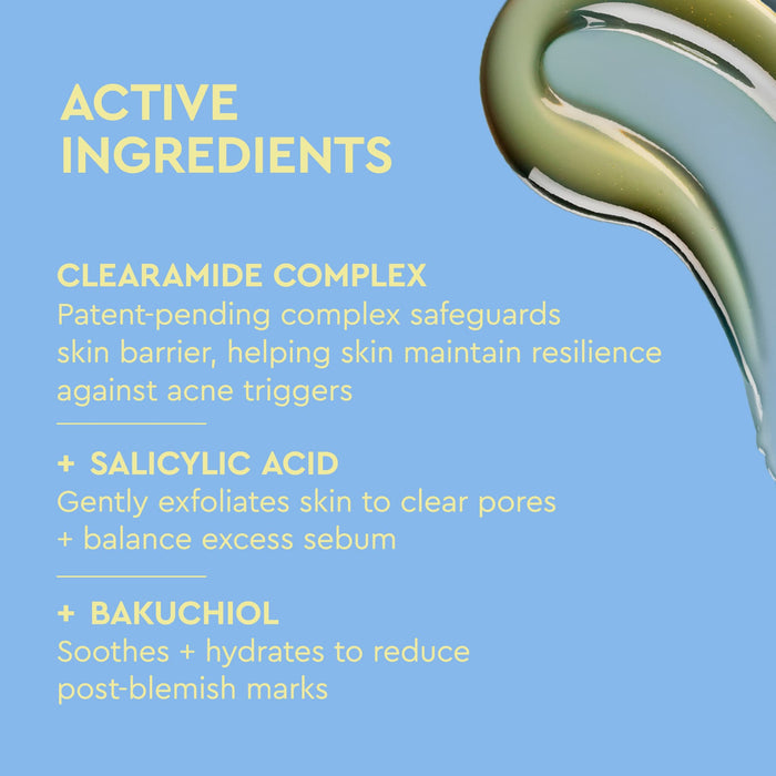 A light blue informational graphic with yellow text listing active ingredients, including Clearamide Complex, Salicylic Acid, and Bakuchiol, alongside a glossy curved droplet of greenish cosmetic product on the right side.