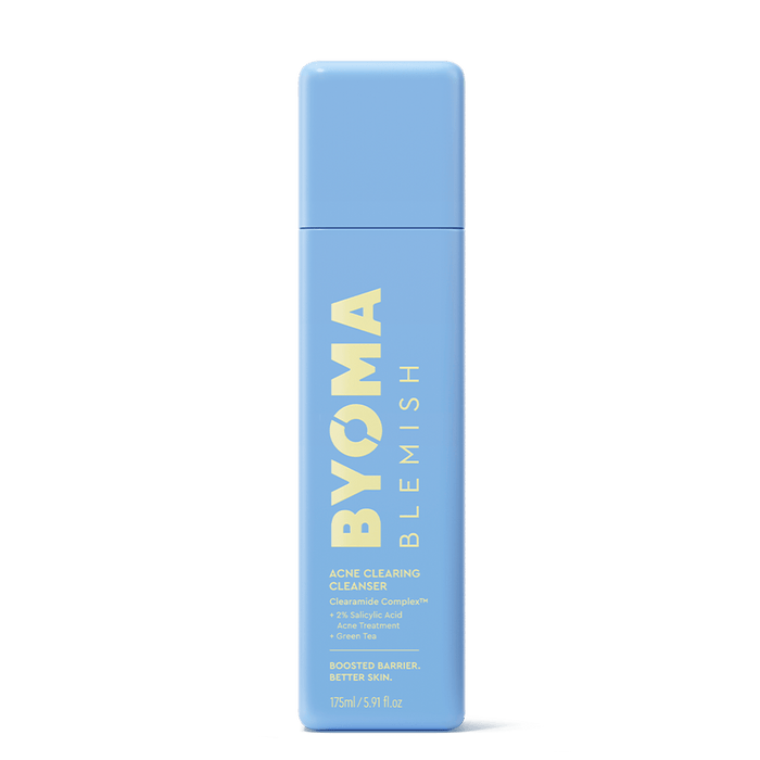 A light blue cylindrical bottle of BYOMA Blemish Acne Clearing Cleanser with pale yellow text, shown on a solid white background.