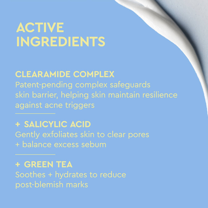 A light blue informational graphic with pale yellow text listing active ingredients, including Clearamide Complex, Salicylic Acid, and Green Tea, with a white cream swipe in the top-right corner.