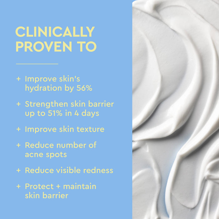 A promotional graphic with a light blue left panel containing yellow text that reads 'CLINICALLY PROVEN TO' followed by a list of skin benefits, and a white cream swatch on the right side.