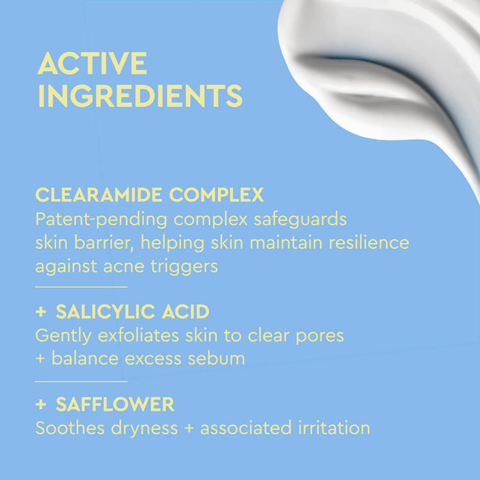 A light blue informational graphic with pale yellow text reading 'ACTIVE INGREDIENTS' and listing clearamide complex, salicylic acid, and safflower, plus a white cream swirl in the top-right corner.