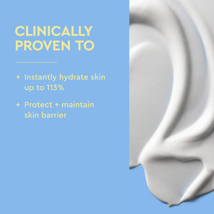 A blue promotional graphic with yellow text reading 'CLINICALLY PROVEN TO' and bullet points about hydrating and protecting skin barrier, alongside a close-up of white cream swirled on the right side.