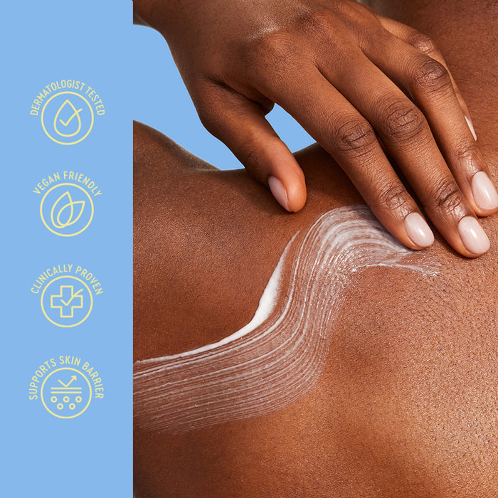 Close-up of a person's shoulder and upper back with a white cream swatch being spread, alongside a blue vertical panel with text badges reading 'Dermatologist Tested,' 'Vegan Friendly,' 'Clinically Proven,' and 'Supports Skin Barriers.'.