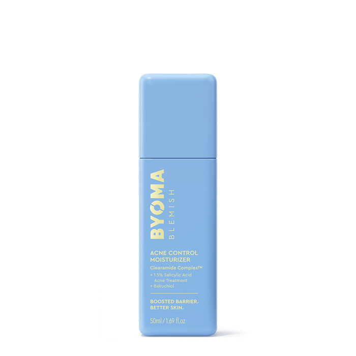 A 50ml bottle of BYOMA Blemish Acne Control Moisturizer in a light blue color, shown on a clean white background.