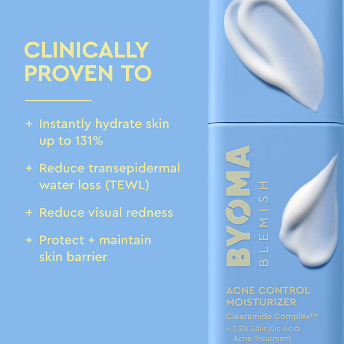 Byoma Blemish Acne Control Moisturizer bottle on a light blue background with text highlighting clinical skin benefits and cream swatches on the bottle.