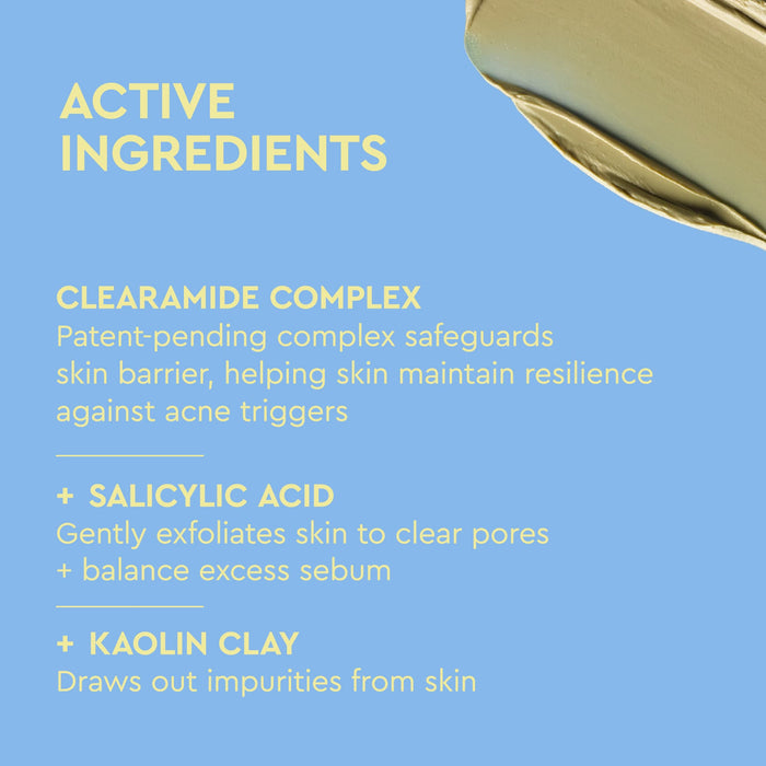 Blue informational graphic with yellow text reading 'ACTIVE INGREDIENTS' and product benefits for Clearamide Complex, Salicylic Acid, and Kaolin Clay, plus a partial gold bottle shape in the top right corner.