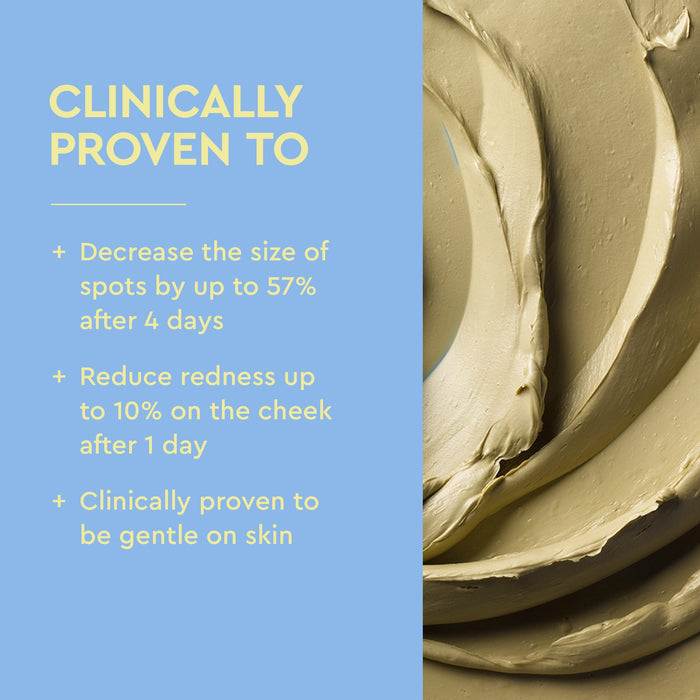 Blue promotional graphic with yellow text reading 'Clinically Proven To' and bullet points about reducing spots, redness, and being gentle on skin, next to a close-up of a thick beige cream swatch.