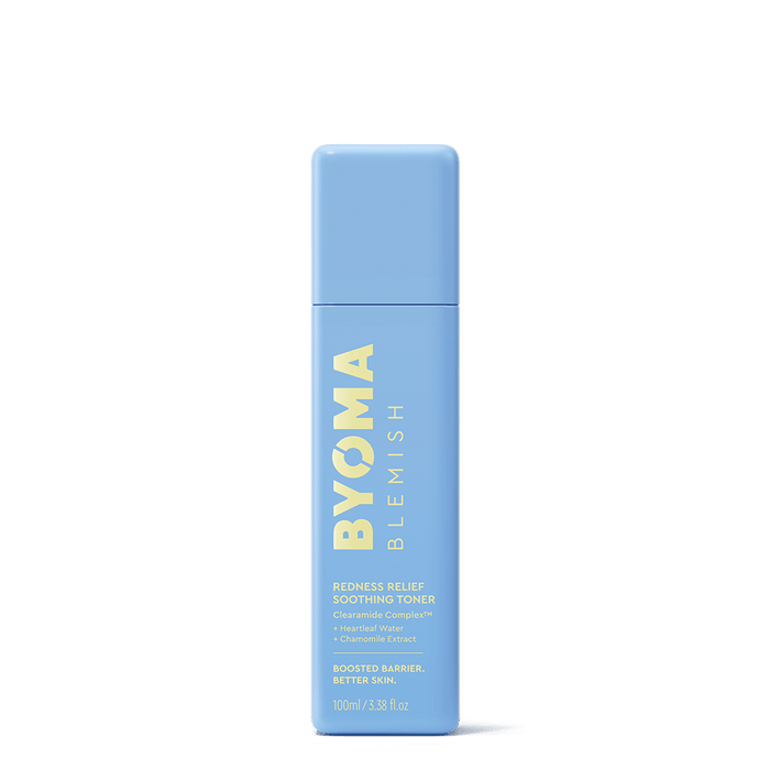 A light blue bottle of BYOMA Blemish Redness Relief Soothing Toner with pale yellow lettering, centered on a white background.