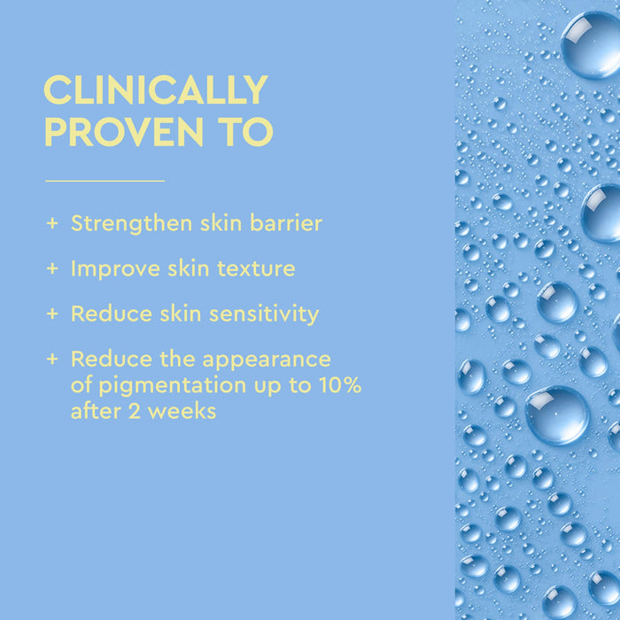 A blue promotional graphic with yellow text reading 'CLINICALLY PROVEN TO' followed by bullet points about strengthening the skin barrier, improving skin texture, reducing sensitivity, and reducing pigmentation. The right side shows a close-up of water droplets on a blue surface.