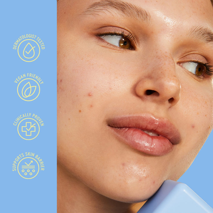 Close-up of a person's face with visible skin texture, next to icons indicating product features on a blue background.