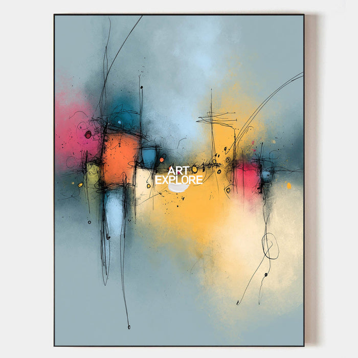 Blue And Yellow Abstract Canvas Painting With Pink Accents Original Art