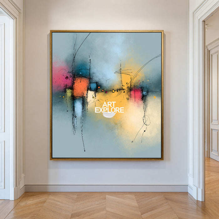 Blue And Yellow Abstract Canvas Painting With Pink Accents Original Art
