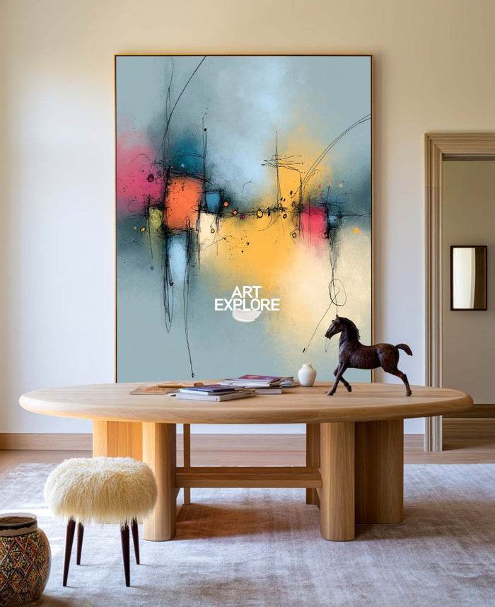 Blue And Yellow Abstract Canvas Painting With Pink Accents Original Art