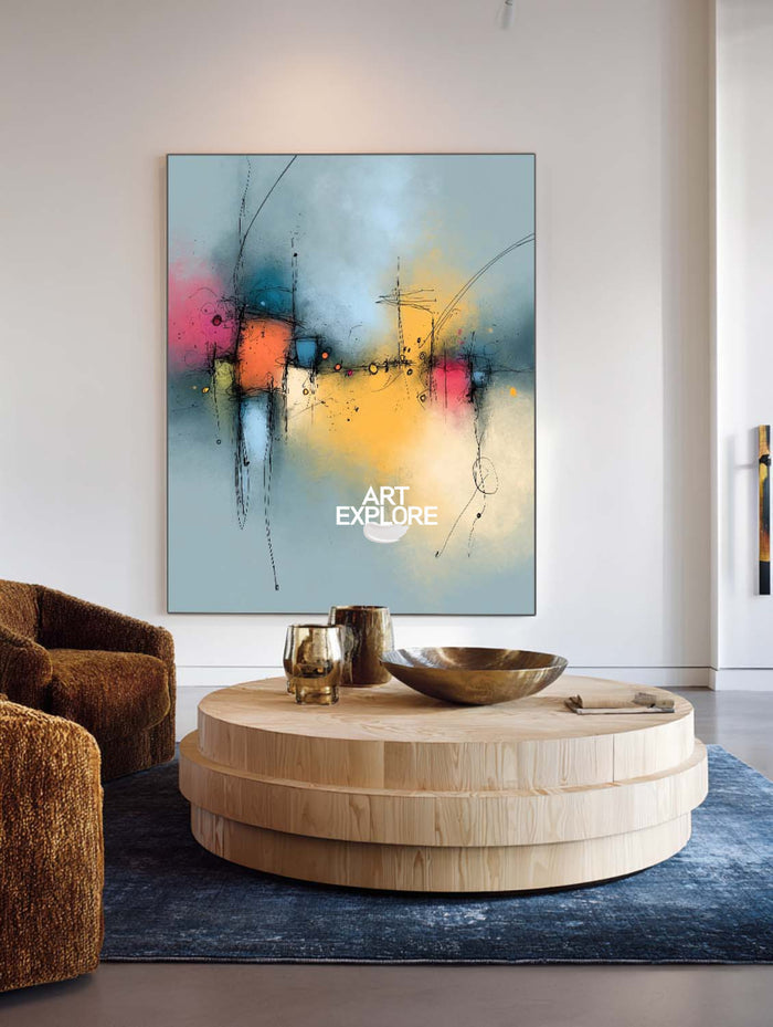 Blue And Yellow Abstract Canvas Painting With Pink Accents Original Art