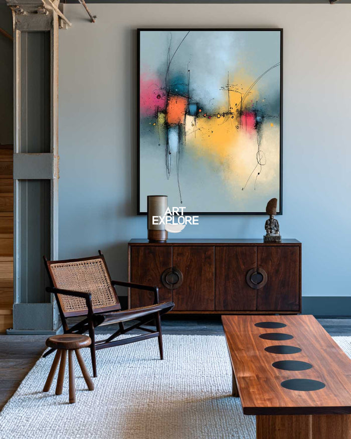 Blue And Yellow Abstract Canvas Painting With Pink Accents Original Art