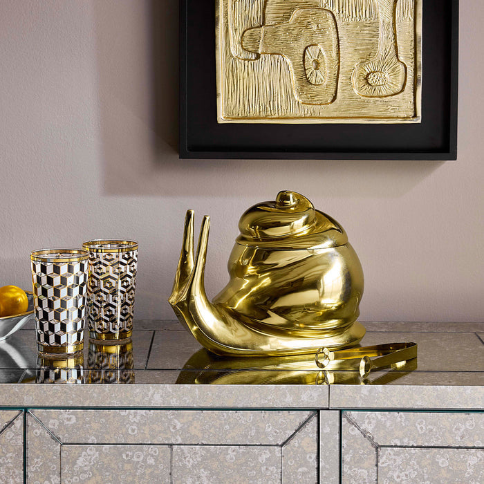 Brass Snail Ice Bucket on Delphine Credenza - styled view