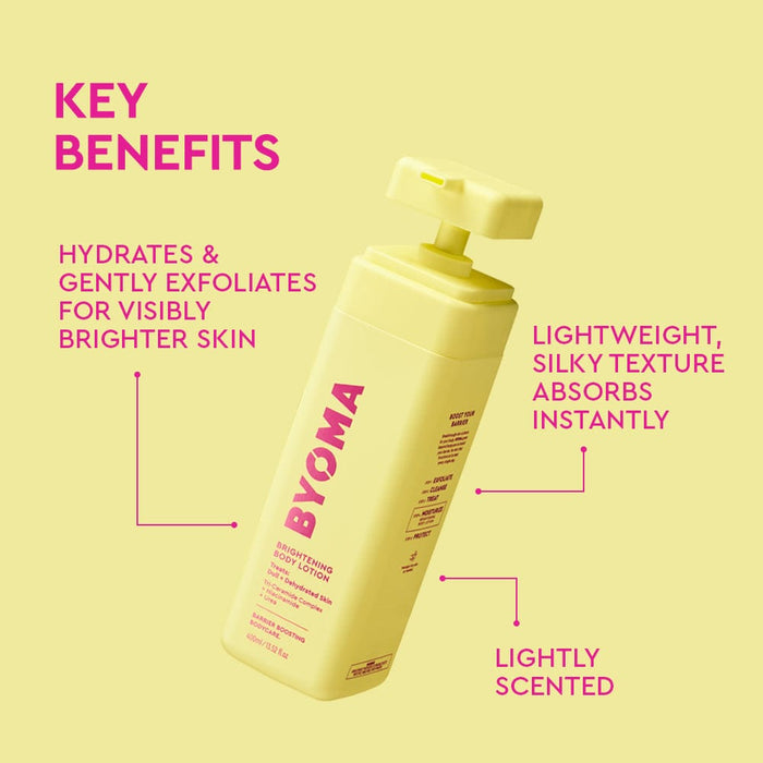 BYOMA body lotion bottle with key benefits on a yellow background