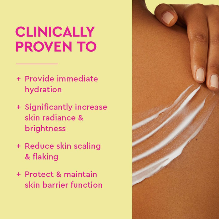 Product application on skin with text highlighting benefits on a yellow background