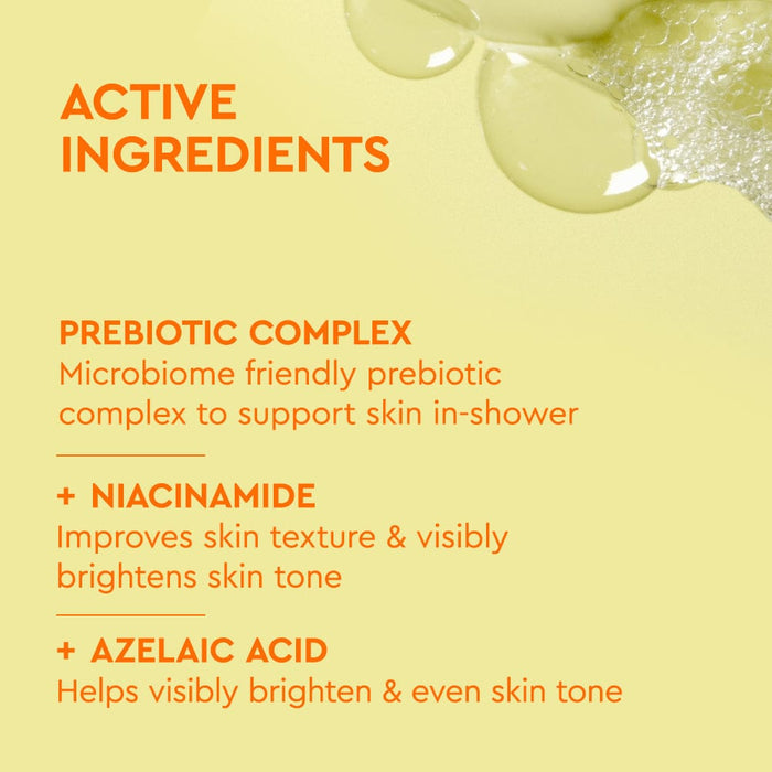 BYOMA Brightening Body Wash label listing active ingredients, on a yellow background.