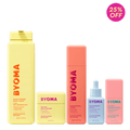 Collection of BYOMA skincare products with promotional text on a green background
