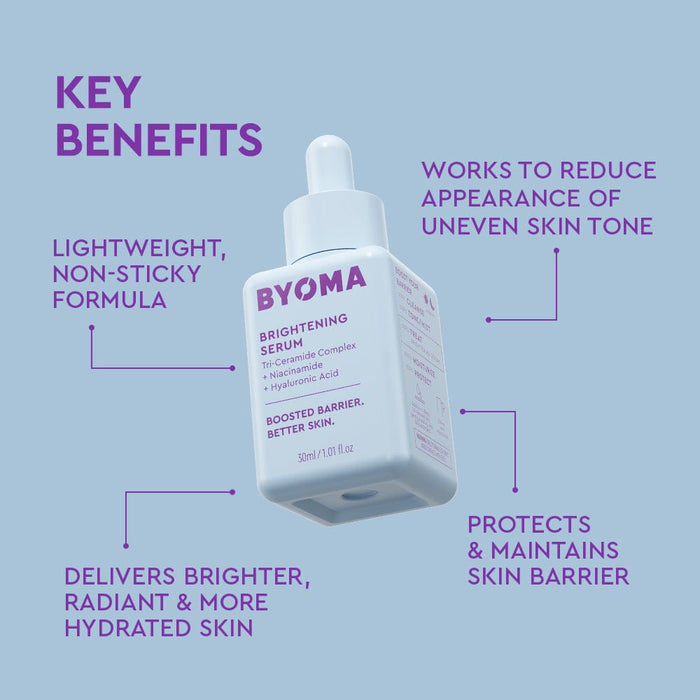 BYOMA brightening serum bottle with key benefits on a light purple background