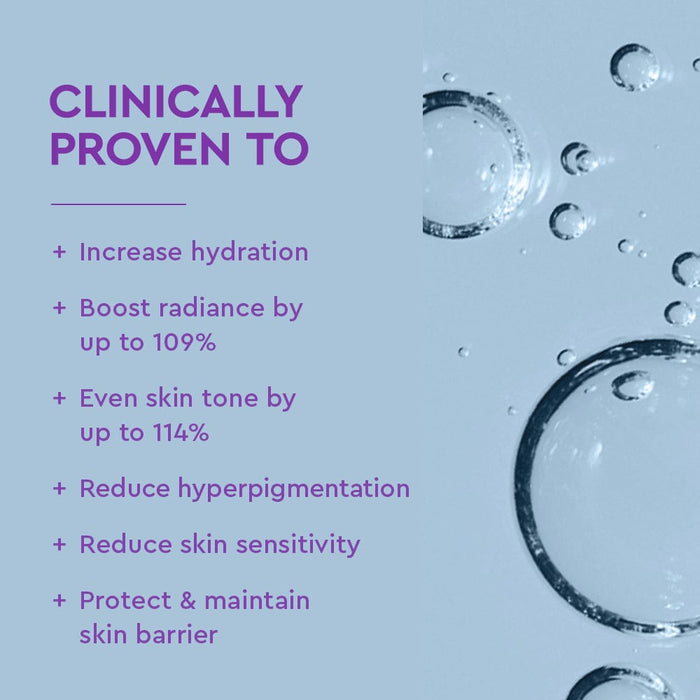 Product advertisement with clinical benefits on a blue background with water droplets.