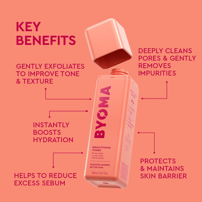 BYoma skincare product with key benefits listed on a pink background