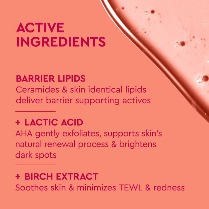 BYOMA Brightening Toner label listing active ingredients, on a pink background.
