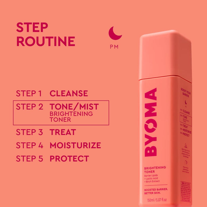 BYOMA PM routine graphic with Step 2 Tone/Mist – Brightening Toner highlighted, beside a coral Brightening Toner bottle.