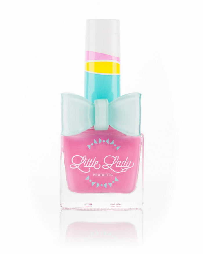 Bubblegumball nail polish bottle with a blue bow tie, perfect for kids. Toxin-free, safe, and fun, aligning with Little Lady Products' offerings.
