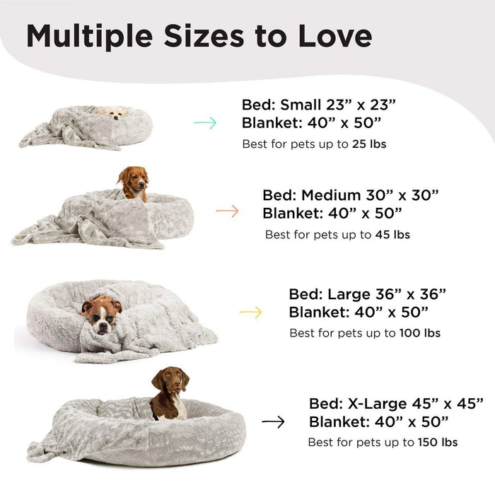 Calming Donut Dog Bed in Lux Fur + Soft Throw Blanket Bundle - 36"x36"