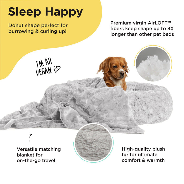 Calming Donut Dog Bed in Soft Lux Fur + Throw Blanket Bundle - 30"x30"
