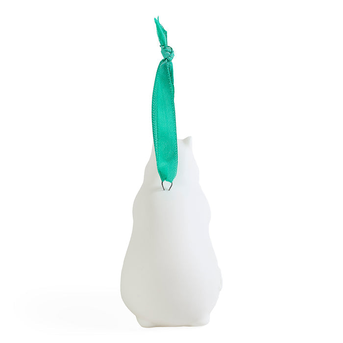 A white cat-shaped ornament with a bright green ribbon loop at the top, shown against a plain white background.
